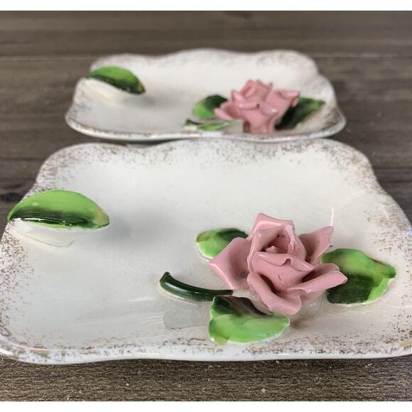 Porcelain 3D Rose 2 Trinket Dishes Japan Vintage Rectangle Plate - Picture 5 of 9